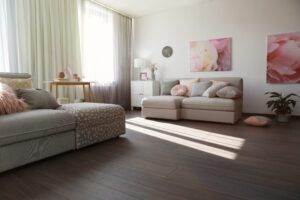 Elegant living room with comfortable sofas near windows. Interio