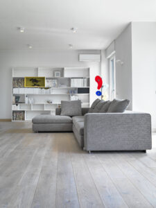Gray couch and bookshelf interior in bright room