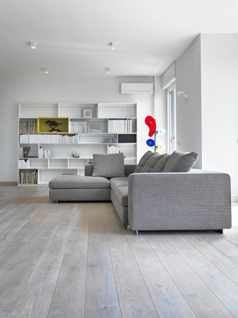 Gray couch and bookshelf interior in bright room